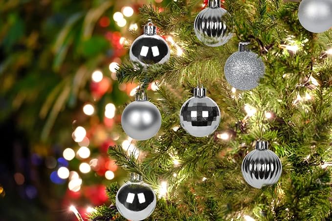 Hollyone 1.57" Silver Christmas Ornaments - 36 Pcs Mini Shatterproof Balls - Christmas Tree Decorations - Small Xmas Ornaments with Hanging Loop - Wedding, Party, Home Decor
