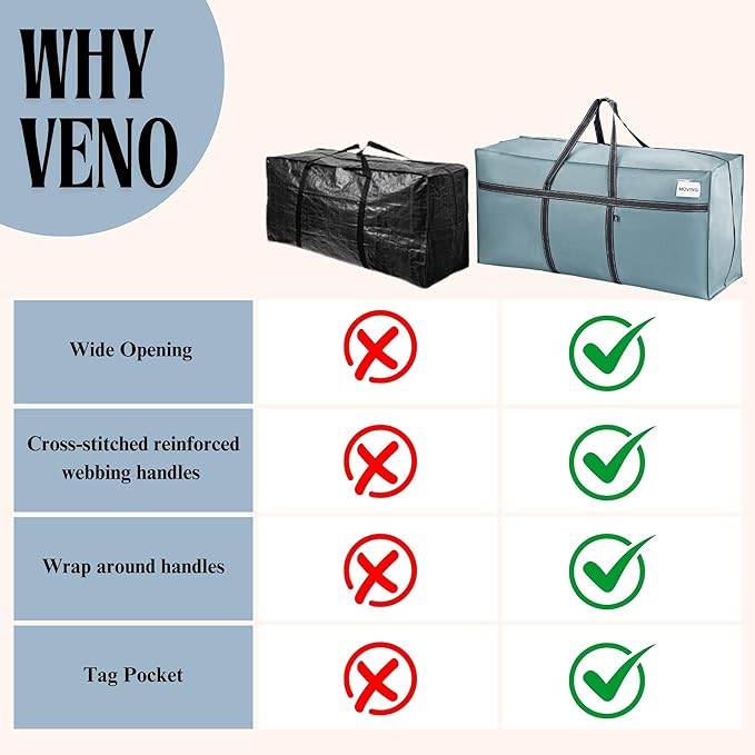 VENO 4 Pack Oversize Moving Bags for College, Heavy-Duty Storage Totes, Moving Boxes and Wardrobe Packing Supplies Alternative - Durable Laundry Bags for Clothes (Light Blue Matte, 4 Pack)