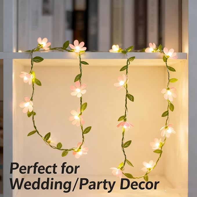 Pink Flower String Lights Tiny Leaf Ivy String Lights 9FT with 30 Flower Lights Battery Powered Waterproof Pink Fairy Lights for Outdoor Garden,Wedding Bedroom Party Wall Décor (8 Mode)
