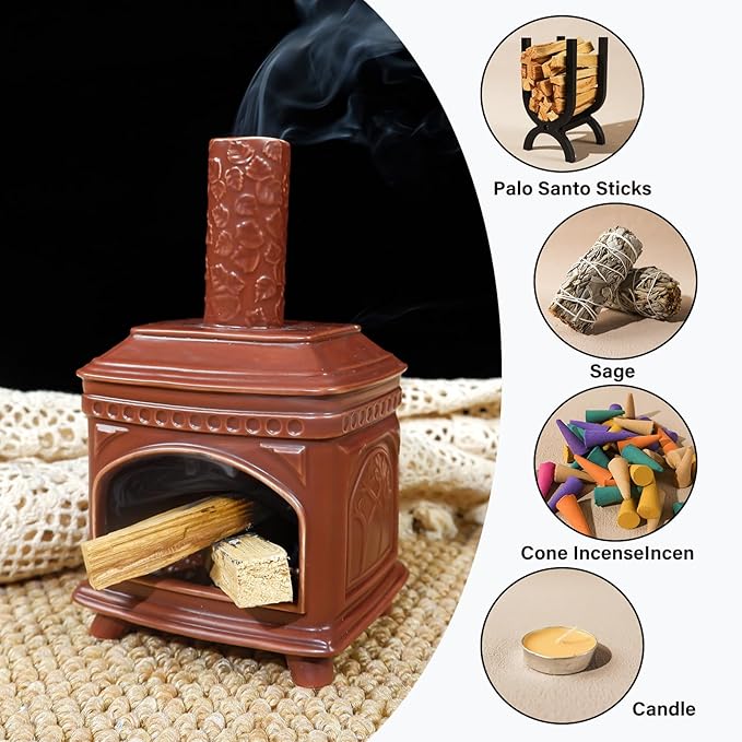 Palo Santo Burner Holder-Ceramic Mini Chiminea, Incense Chimney-Style Burning Smudge Bowl for Sage, Incense Cones, Incense-Stick Fits Small Candle-Ideal for Home Altar, Zen/Meditation