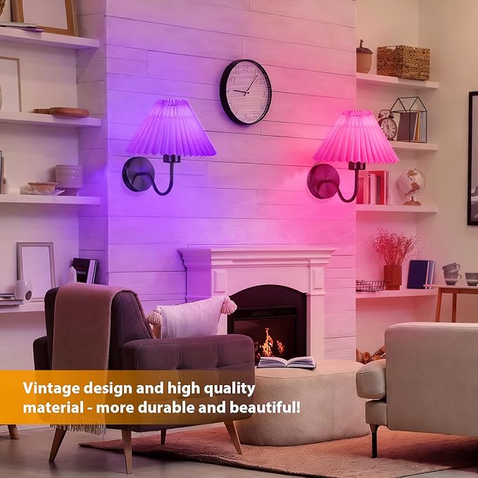 Battery Operated Wall Sconce Set of 2, Wireless Wall Sconces, Pleated Shades Rechargeable Wall Lights with Remote Control, Dimmable 15 Colors & Magnetic Bulbs Home Decor for Bedroom Living Room Black