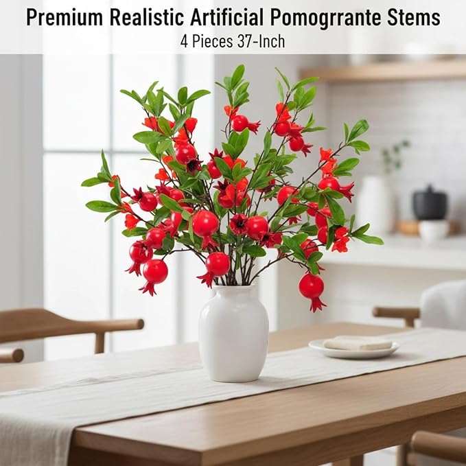 4-Piece Set of 37 Inch Artificial Pomegranate Berry Stems - Realistic Fake Red Rosehip Branches, Silk Autumn Wedding Center Decorations, Farmhouse Kitchen Home Parties