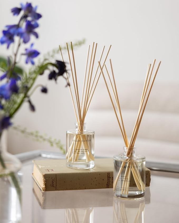 Brooklyn Candle Studio Reed Scent Diffuser - Relaxing Oil Diffuser, Sandalwood & Amber Fragrance, 8 Rattan Diffuser Reeds, Clean Ingredients (3.7oz, Palo Santo)