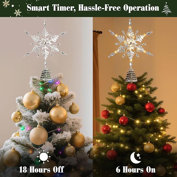 Lewondr Christmas Snowflake Tree Topper, 12.2'' Glittered Xmas Tree Topper with Pearl Gem, 30 LED Bulbs, 6 Hrs Timer and 8 Modes USB Remote Control, Christmas Treetop Decor for Home Holiday, White