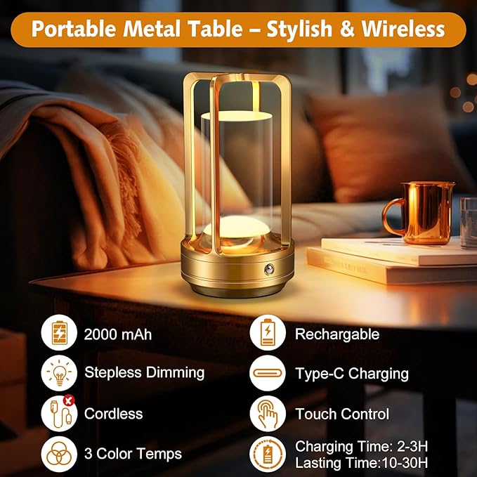 Portable Table Lamp for Outdoor Indoor: Cordless Rechargeable Desk Lamp with 3 Color Stepless Dimmable - Metal Battery Operated Lantern Light for Bedroom/Bar/Coffee Shop/Camping (Gold (2 Pack))