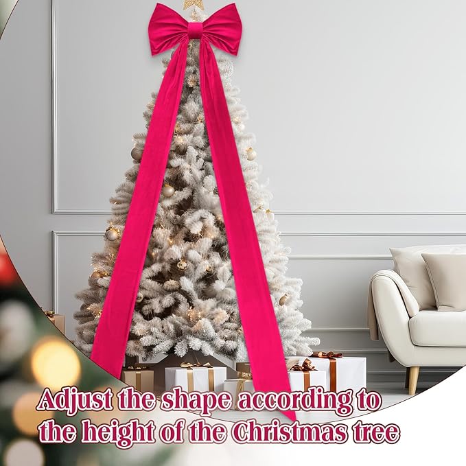 Christmas Tree Topper Bow 90x18 Inch Giant Large Velvet Bow with Long Streamers Huge Decorative Wrapping Gift Decor for Xmas Tree Front Door Patio Outdoor Wedding Arch(Hot Pink)