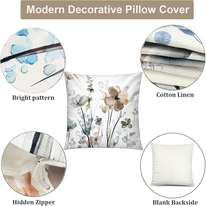 COMMINY Brown Grey Floral Pillow Cover 18x18 Set of 6 Watercolor Throw Pillow Covers Square Cushion Covers for Couch Sofa Living Room Home Decor