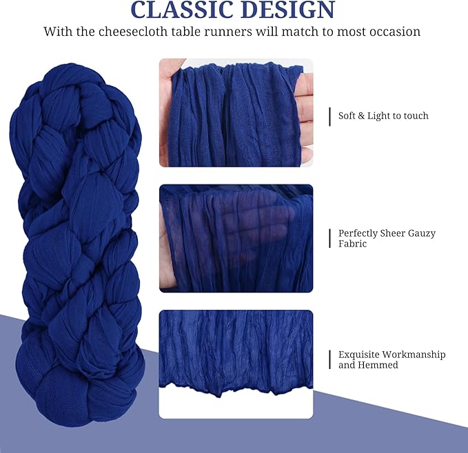 12 Pack Royal Blue Cheesecloth Table Runner,10FT Gauze Boho Long Cheesecloth Table Runner 35x120inch Rustic Table Runners for Wedding Party Bridal Shower Banquet Easter Table Decorations