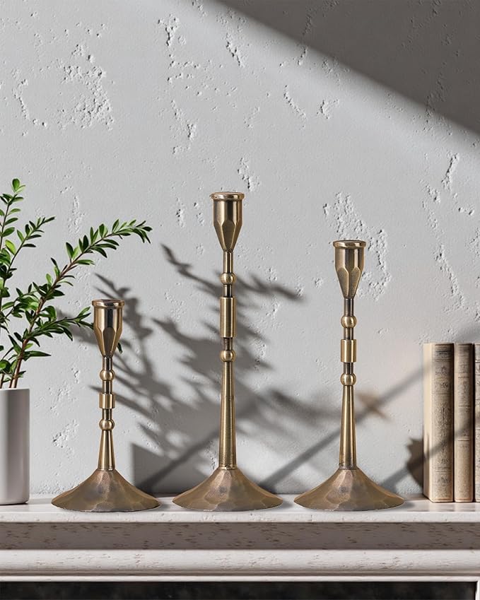 Vintage Taper Candle Holders Set | Handmade 3-Piece Candlestick Decor for Table Centerpiece, Farmhouse Kitchen & Party Lighting (Bronze)