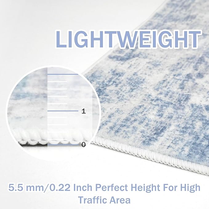 IOHOUZE Abstract Runner Rug 3x16 Ft Washable Runners for Hallways, Non Slip Kitchen Runner Printed Faux Wool Entryway Runner Indoor, Modern Abstract Floor Carpet for Hall Stair, Light Blue White