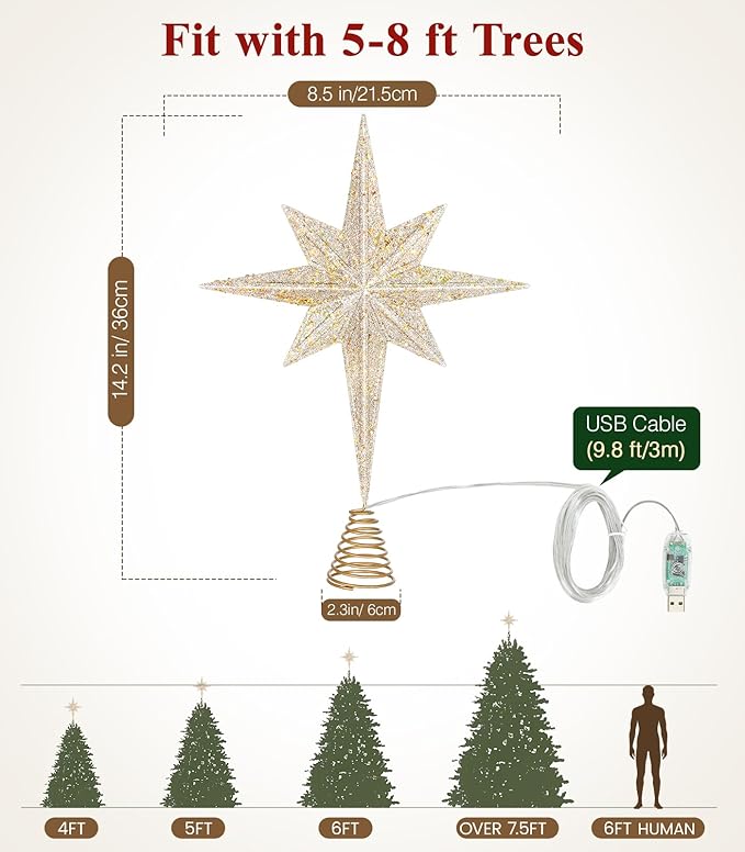 Luxspire Christmas Tree Topper, Lighted Star Tree Topper with USB Plug-in & Remote Control, 10" LED Christmas Decorations Light, Xmas Trees Vintage Ornament for Home, Bethlehem Star-Champagne Gold