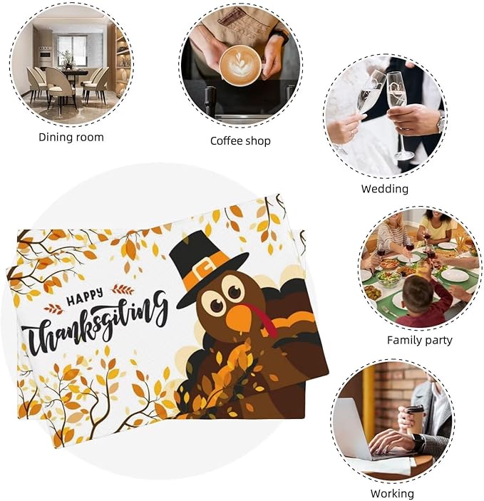 Thanksgiving Turkey Placemats, Cartoon Turkey Autumn Branch Yellow Leaves Fall Harvest Kitchen Dining Table Decoration for Indoor Outdoor Farmhouse Home Party Decor, 4PCS