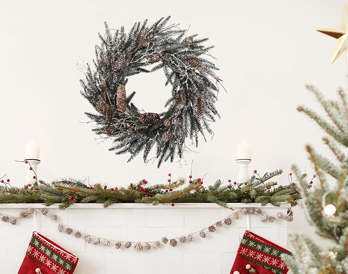 24 Inch Snow Flocked Norfolk Pine Winter Wreath with Twig & Pinecone- Artificial Winter Wreaths for Front Door Porch Wall Window Porch Fireplace Outdoor Decor