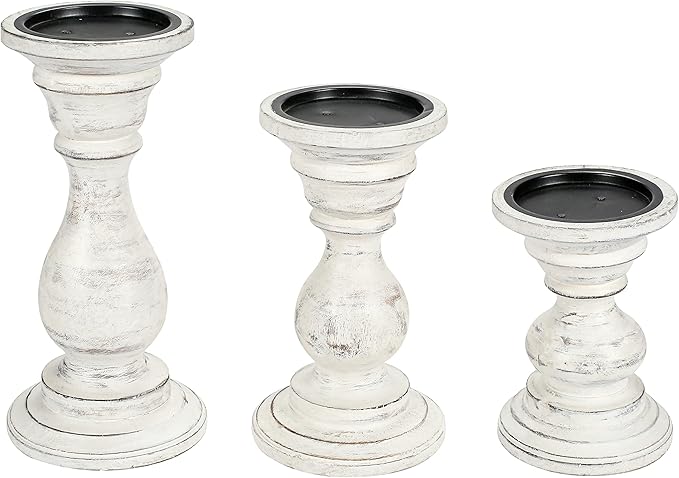 Candle Holder Stand Wooden, Pillar Candle Holder, Unity Candle Holders, Rounded Turned Colums, Country Style Ideal for Gift, Wedding, Christmas, Party, Home - 10,8,6 Inch- Set of 3 -Antique White