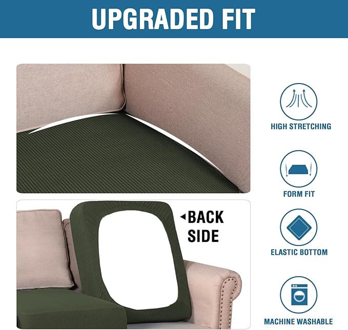 H.VERSAILTEX Super Stretch Individual Seat Cushion Covers Sofa Covers Couch Covers Slipcover Sets Thick Jacquard Textured Twill Fabric (3 Piece XL Sofa Cushion Covers, Olive)