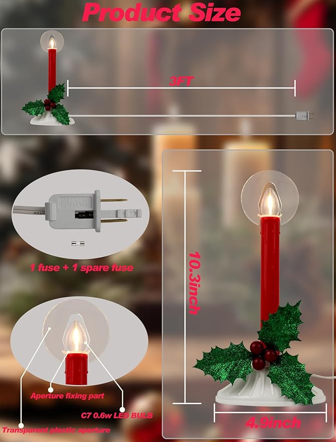 Plug in Electric Christmas Window Candles, 2-Pack with 2 Extra Bulbs, Red Taper Candle Lamp with 2200K Warm White Glow for Windows, Festive Party & Holiday Decorations