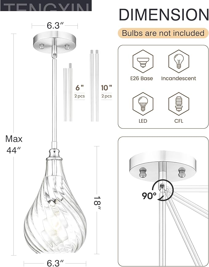 TENGXIN 2 Pack Pendant Lights Kitchen Island,Brushed Nickel Finished Striped Glass Hanging Pendant Light,Farmhouse Pendant Light for Dining Room,Bedroom,6 Inch