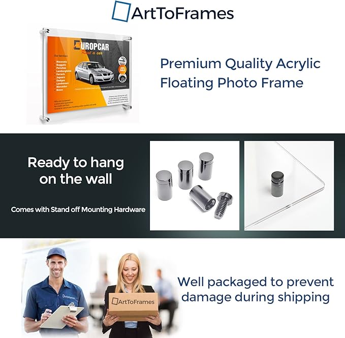 ArtToFrames Floating Acrylic Frame for Pictures Up to 10x10 inches (Full Frame is 14x14) with Black Standoff Wall Mount Hardware, Acrylic-109-10x10-72