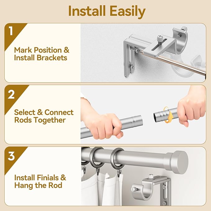 YaFex Curtain Rods 32-118 Inch, Heavy Duty 1 Inch Adjustable Curtain Rod for Windows, Silver Long Window Treatment Rods, Modern Design, Easy Installation