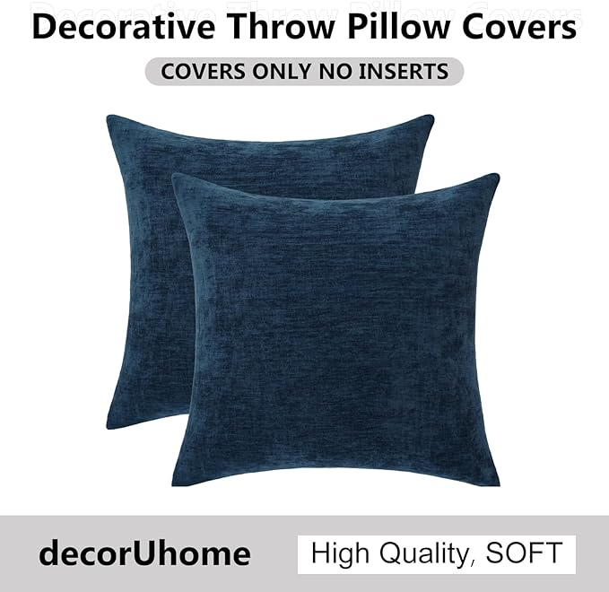 decorUhome Chenille Poseidon Christmas Throw Pillow Covers 24x24 Inch Set of 2, Decorative Soft Couch Pillow Covers Solid Dyed Accent Farmhouse Neutral Square Pillow Cases for Sofa