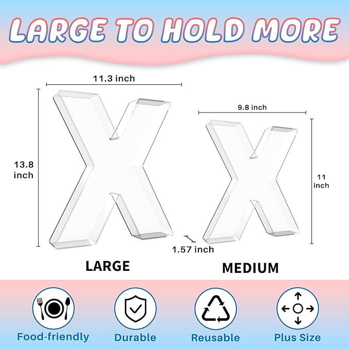 13.8" Extra Large Acrylic Letter Charcuterie Board Box, Reusable Fillable Letter Cake Candy Dish Display Serving Tray for Birthday Anniversary Party Decoration (X)