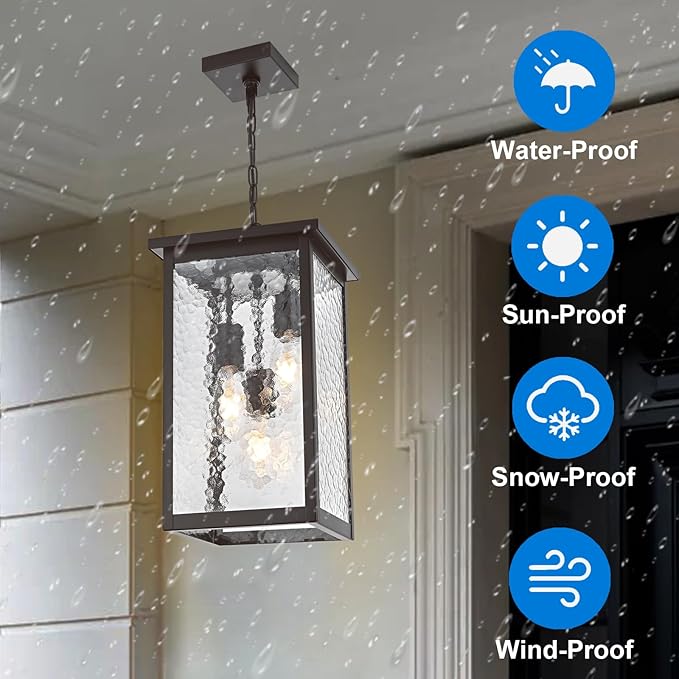 17'' Large Outdoor Indoor Pendant Light 3-Lights, Modern Black and Brushed Brass Exterior Hanging Porch Pendant Light with Hammer Glass, Outdoor Ceiling Lights for Front Entryway Gazebo Patio