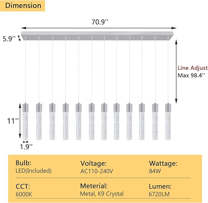 12-Lights Modern Crystal Chandeliers LED Pendant Light for Kitchen Island Dining Room Entrance Foyer Living Room Silver
