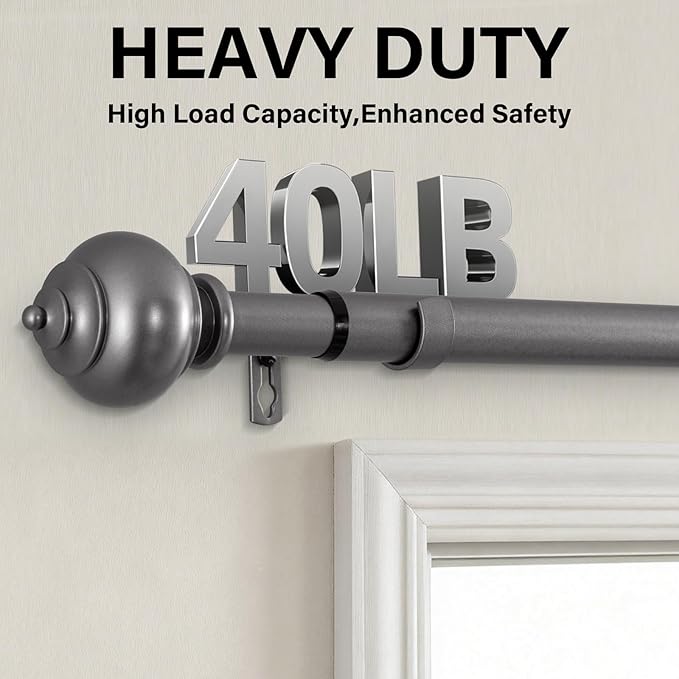 H.VERSAILTEX Curtain Rods for Windows 16.2 to 28.2 Inches 1 inch Diameter Adjustable Decorative Telescoping Curtain Rod with Brackets Heavy Duty Splicing Window Rods with Decorative Finials, Dark Grey