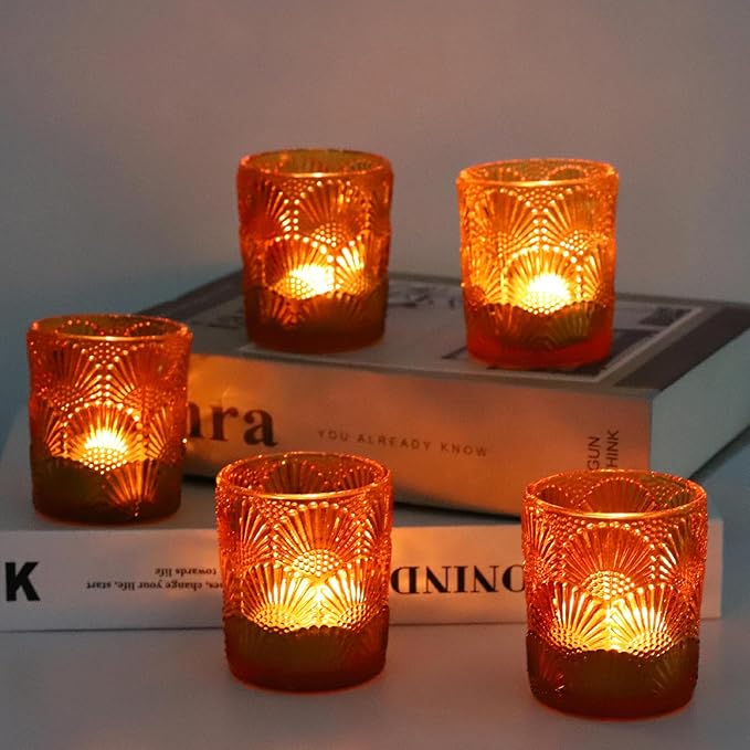 Woho 24pcs Amber Votive Candle Holders, Glass Tea Lights Candle Holder for Wedding Table Centerpiece, Vintage Tealight Candle Holder Decor for Anniversary, Bridal Shower Christmas Party