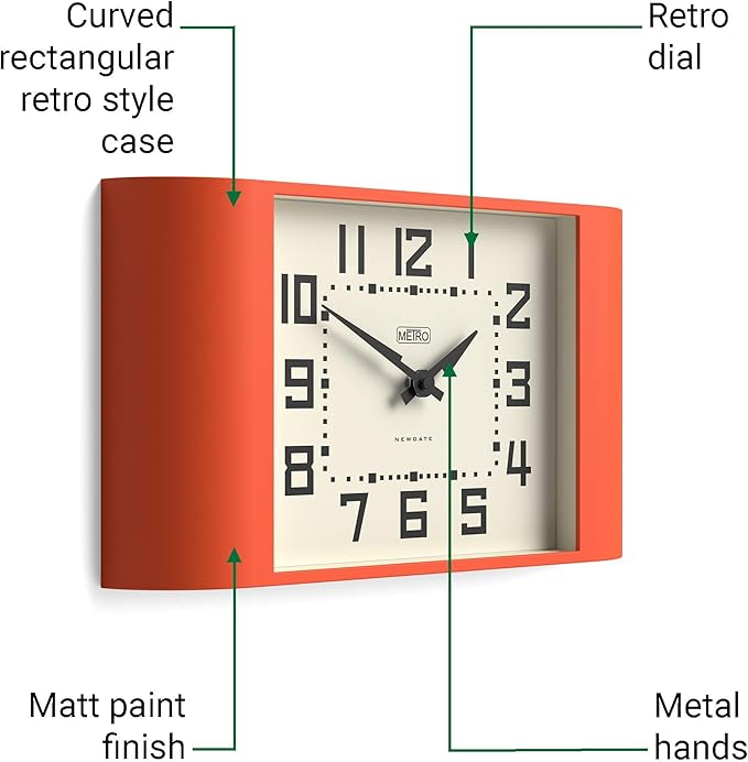 NEWGATE® Metro Clock | Retro Wall Clock | 16.5 inch Wide | Orange | Mid Century Style for Kitchen, Living Room or Office