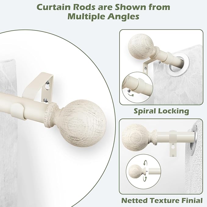 White Wood Curtain Rods for Windows:Farmhouse Boho Rrustic Wooden Curtain Rod Living Room Bedroom,Decorative Adjustable Antique White Drapery Rods Faux Wood Grain Vintage Distressed,Size:18-45",2 Pack
