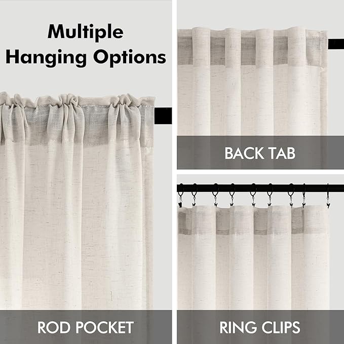 ANRODUO Natural Linen Sheer Curtains 90 Inches Long for Living Room Cream Ivory Rod Pocket Back Tab Light Filtering Window Curtain Drapes Dining Room Neutral Country Farmhouse Decor 2 Panels Set