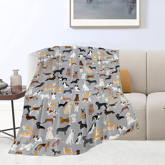 Dogs Throw Blanket Grey Dogs Decor Blanket Super Cozy Plush Lightweight Soft Plush Flannel Fleece Blanket Gifts for Dog Lovers Girls Boys Kids Women Men for Sofa Bed Couch 50"X60"