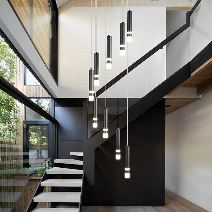9-Light Modern Pendant Light Fixture Dimmable LED 54W Black Staircase Large Chandelier Lobby Living Room Bedroom Foyer High Ceiling Chandelier