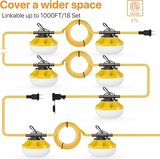 50FT Construction String Lights: 50W String Work Lights with 5 Bulbs & Hooks, IP65 Temporary Construction Lighting 5000K Linkable Hanging Work Light for Attic, Crawlspace, Basement, Backyard
