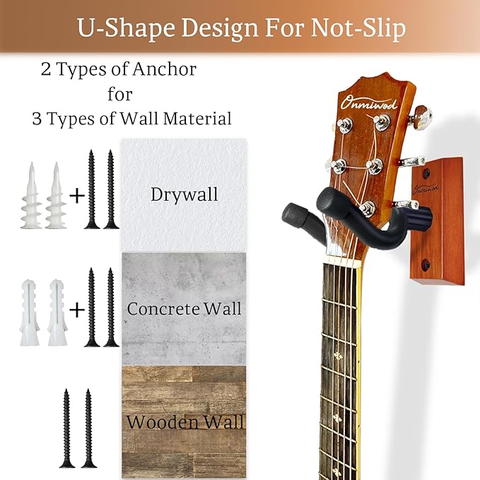 Guitar Wall Mount 2 Pack, Mahogany Wood Guitar Hanger, U-Shaped Guitar Wall Hanger Mount, Guitar Holder Hook Stand Wall for Acoustic, Electric Guitar, Banjo, Bass, Gift for Guitar Player