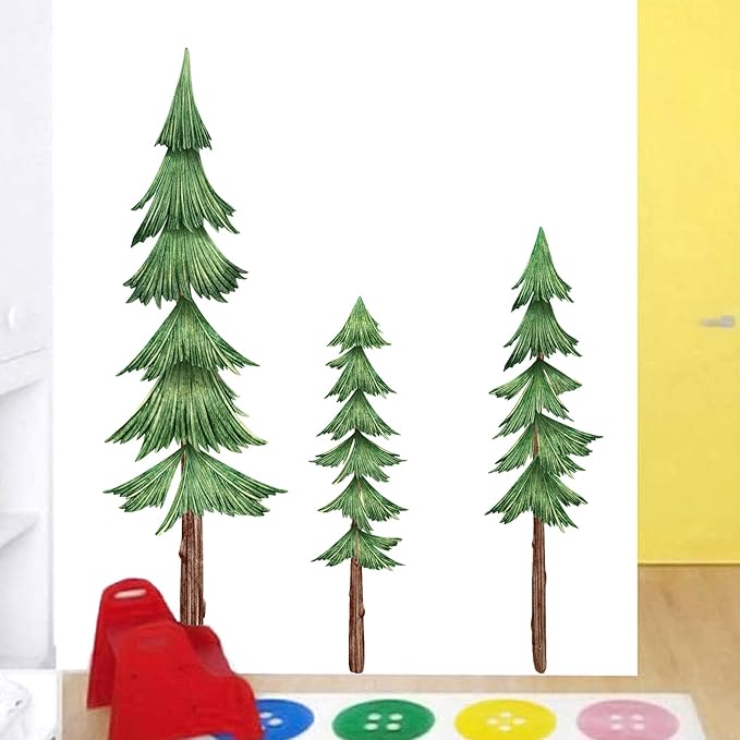 Large Pine Tree Wall Decals Peel and Stick Watercolor Extra Large Tree Wall Decal Forest Nature Green Trees Stickers Woodland Giant Pine Trees Decals for Nursery Kids Room Decor