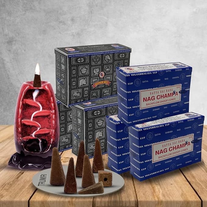 Nag Champa Super Hit Backflow Incense Cones for Waterfall Aromatic Smoke Fountain Haze Falls and Mat Bundle - Pack of 3+3
