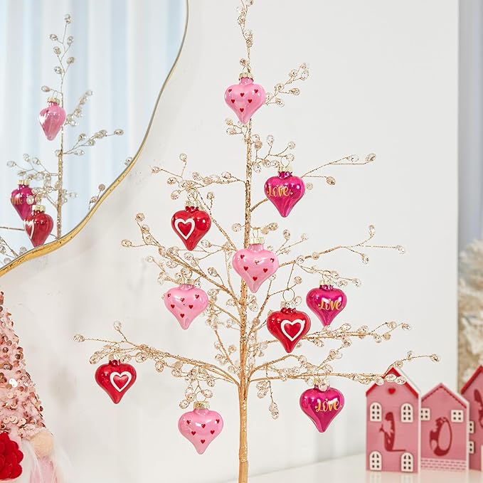 WDS WONDROUS 12Pcs Heart Ornaments Set, 3 Style Pink Red Heart Baubles for Valentine's Day Wedding Party Decorations, Hanging Decor for Christmas Tree Anniversary Celebration