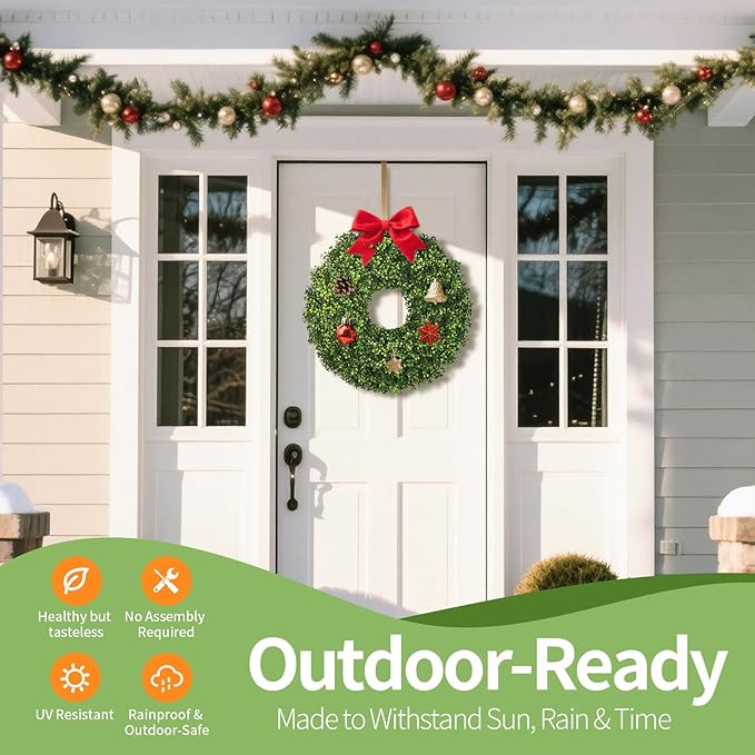 Artificial Boxwood Wreath for Front Door – Preserved Green Wreath for Spring, Fall, Christmas & Holiday Decor – UV-Resistant for Indoor & Outdoor Use (1, 24")