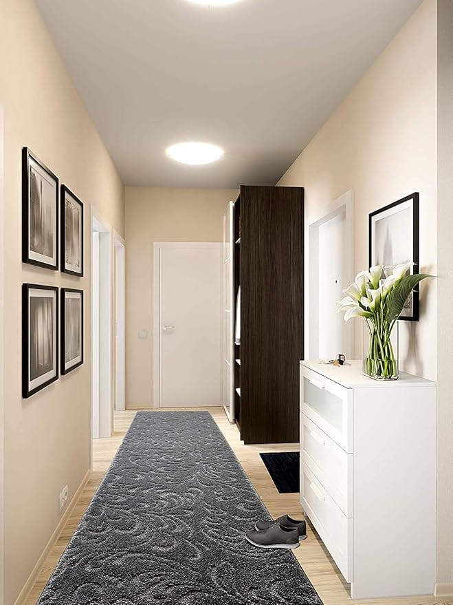 Custom Cut Hallway Runner Rug, Slip Resistant, 26 Inch Wide X Your Choice of Length, Floral Anthracite, 26 Inch X 26 feet