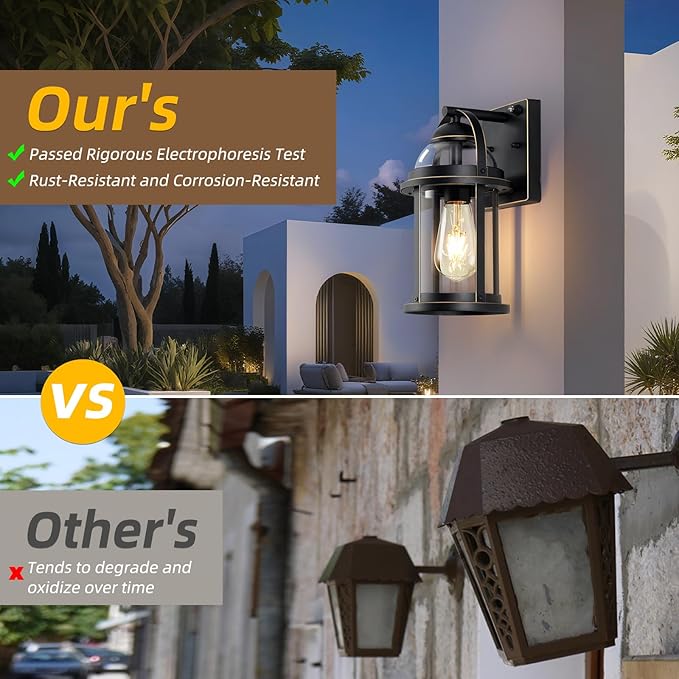 OKELI Dusk to Dawn Outdoor Wall Lights, Waterproof Lighting Fixtures Rustic Farmhouse Wall Lanterns with Clear Glass Shades Anti-Rust Outside Lights for House(Black with Gold-Trim, 2 Pack)