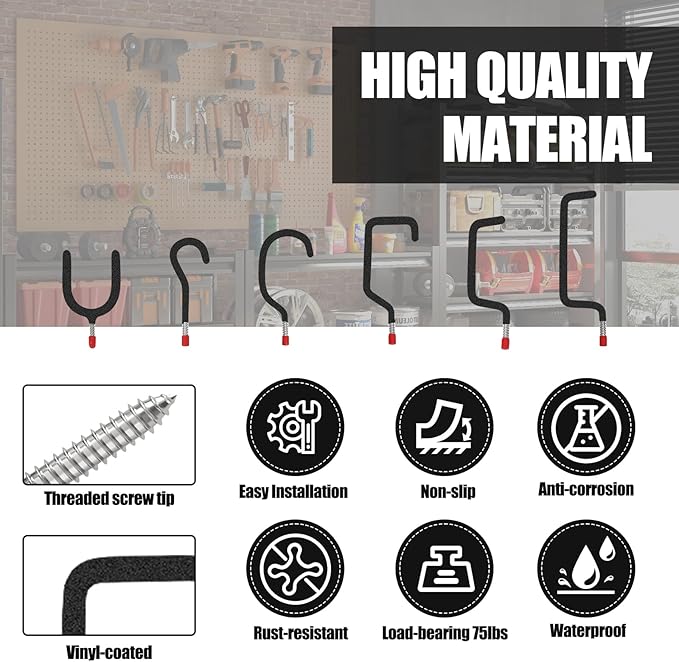 Garage Hooks Heavy Duty, 12-Pack Mixed Utility Garage Hooks, Wall Mounted Steel Tool Hangers for Garage Wall Organizer, Hold Ladders Tools Bikes (Black, 6 Type & 12 Pack)