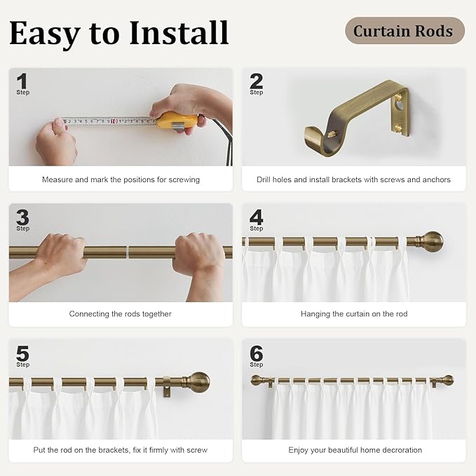 Antique Bronze Curtain Rods for Windows 72 to 144 Inch Long Brass Window Curtain Rod 1" Diameter Adjustable Heavy Duty with Metal Finials for Living Room Bedroom Farmhouse Kitchen Outdoor