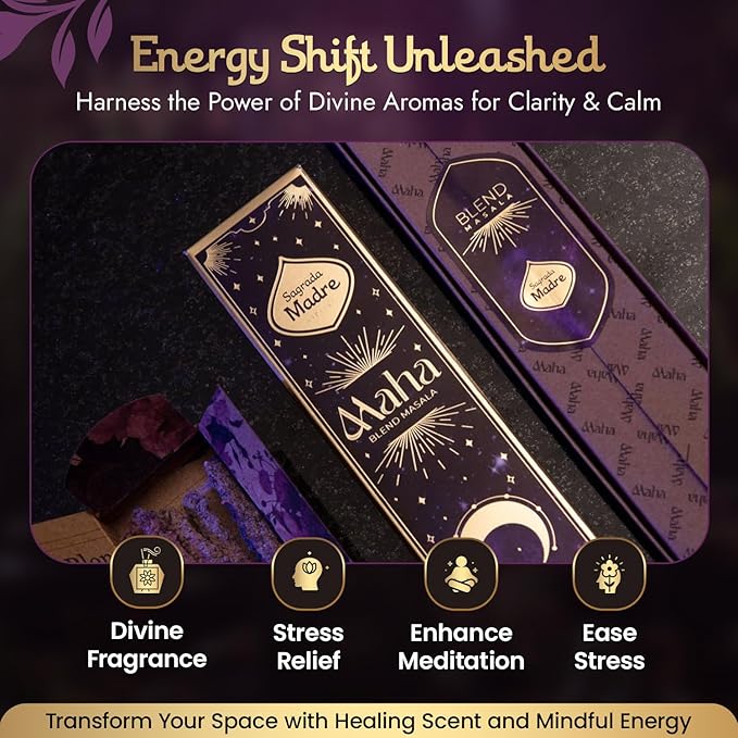 Sagrada Madre - 8 Extra-Durable Maha Masala Incense Sticks - 9” Long Handmade & Thick Aromatherapy Sticks with Rose Petals & Essential Oils for Meditation & Spiritual Harmony - 1 Hour Burn Time