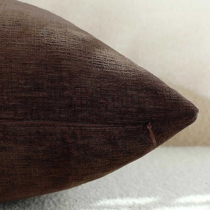 Coffee Brown Chenille Decorative Couch Throw Pillow Covers, Soft Cushion Cases for Home Livingroom Sofa Décor, Pack of 2, 18 x 18 Inches