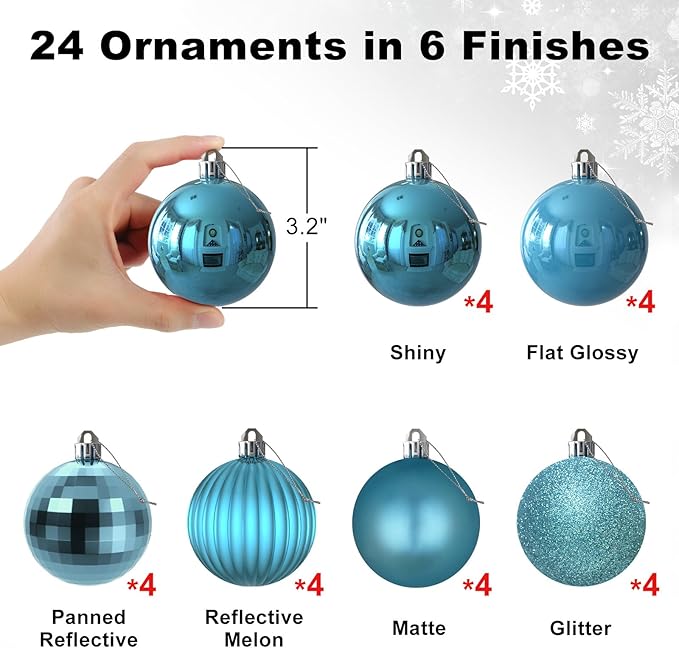Baby Blue 3.2" Large Christmas Balls - Christmas Tree Decoration Ornaments Shatterproof Hanging Balls for Birthday Halloween Holiday Wedding Decorations Set of 24pcs
