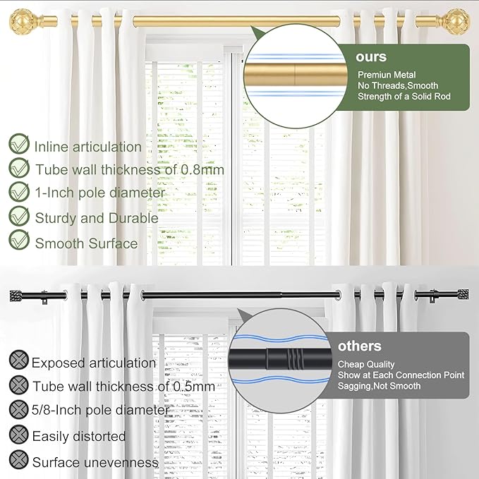 Gold Curtain Rods for Windows:Farmhouse Boho Decorative Curtain Rod for Bedroom Living Room,Heavy Duty Adjustable Rustic Drapery Rods Set with Vintage Coastal Texture Finials,Brass Gold 18-45"