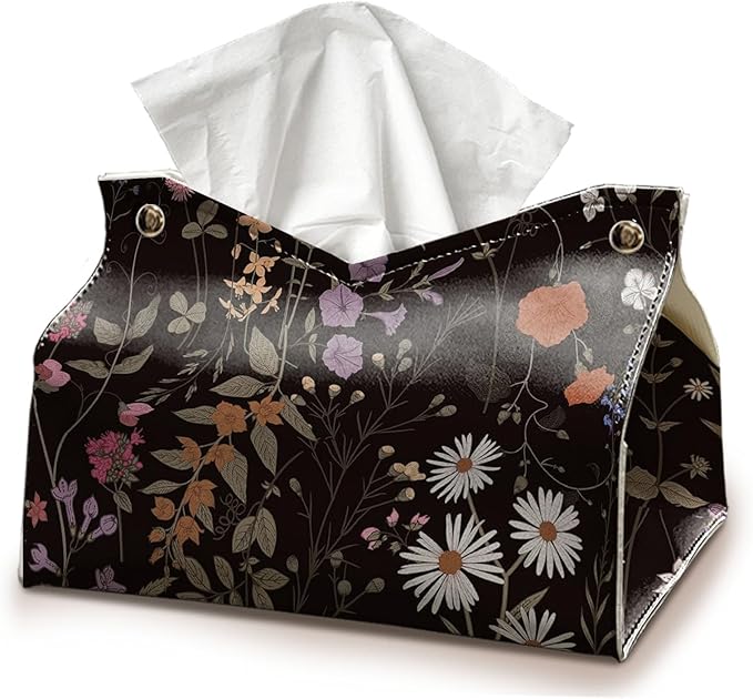 Black Rectangle Tissue Box Cover, Flroal Decorative Tissue Paper Holder, Vintage PU Leather Tissue Holderm Cottagecore Farmhouse Decor for Bathroom Kitchen Living Room Desk 9.8x5.9x5.9