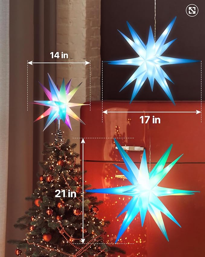 17" Lighted Moravian Star, Moravian Star Tree Topper, Foldable Christmas Topper Star with USB-A Port, DIY Colour Changing with Smart App, Music Sync, Timer, Christmas Hanging Lighted Stars